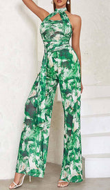 TIE FRONT HALTER NECK BACKLESS JUMPSUIT IN GREEN