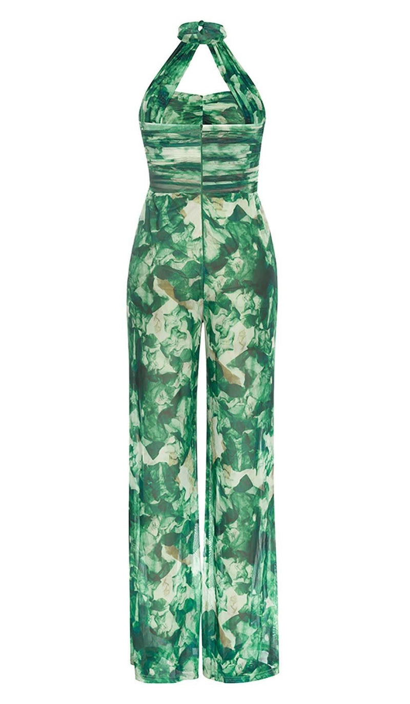 TIE FRONT HALTER NECK BACKLESS JUMPSUIT IN GREEN