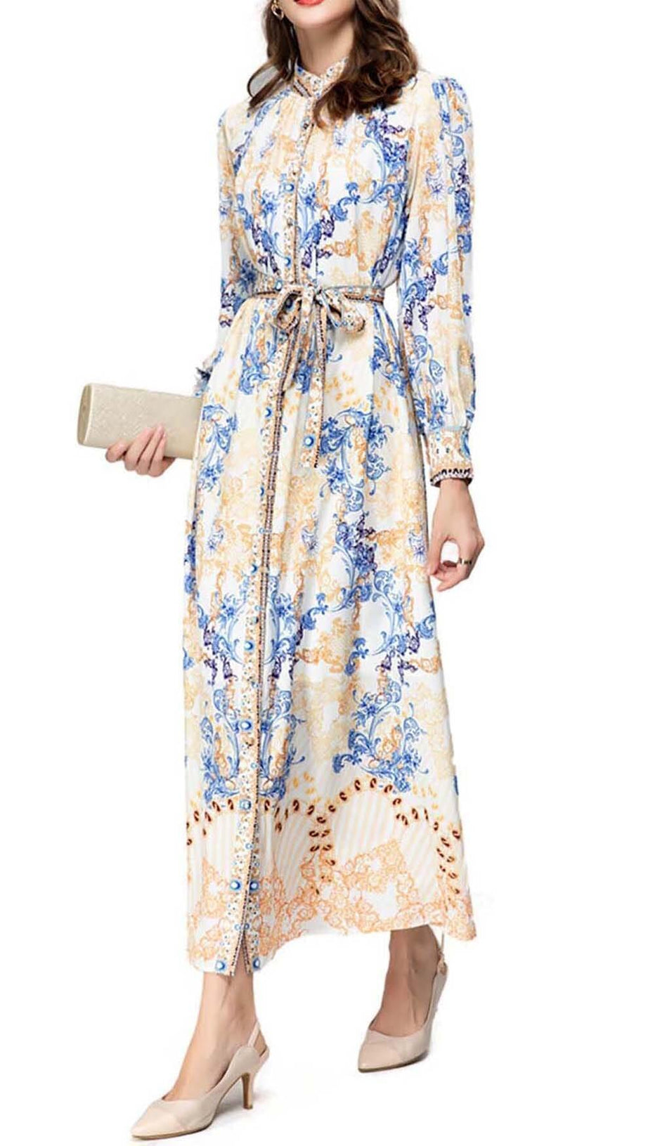 VINTAGE FLORAL FULL PRINTING MAXI DRESS