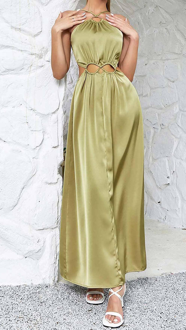 AIIZIE WAIST CUTOUT SATIN MAXI DRESS IN OLIVE - product image