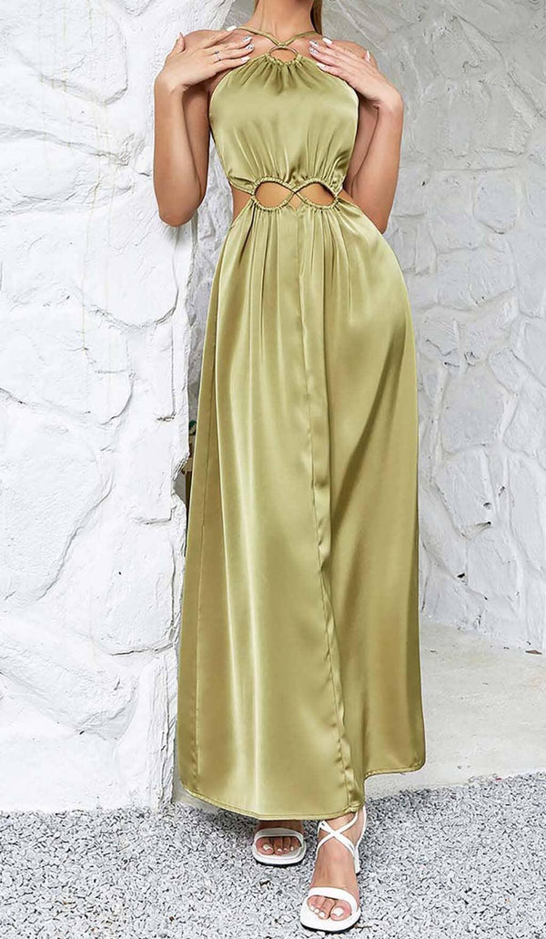 WAIST CUTOUT SATIN MAXI DRESS IN OLIVE