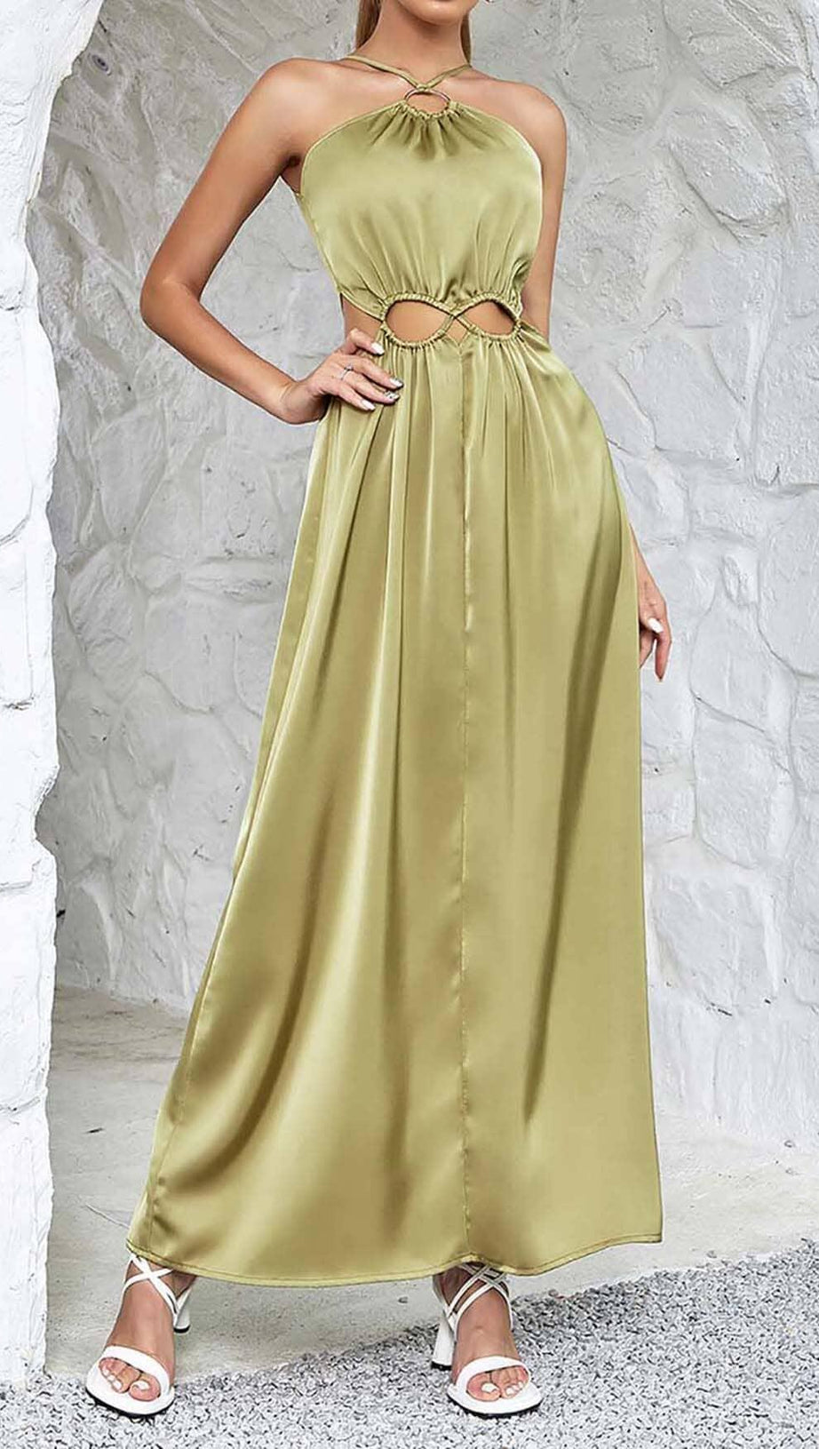 WAIST CUTOUT SATIN MAXI DRESS IN OLIVE