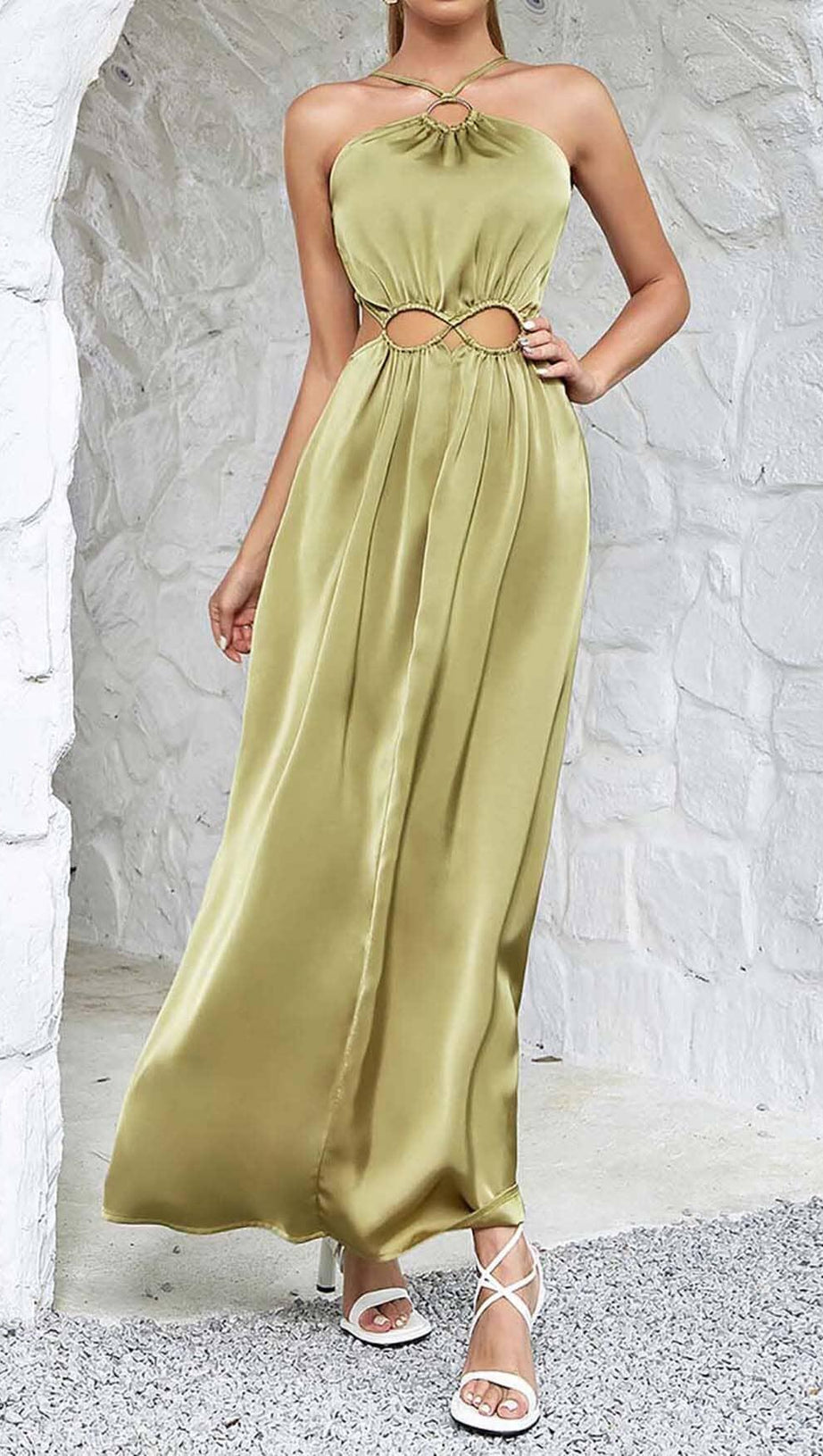 WAIST CUTOUT SATIN MAXI DRESS IN OLIVE