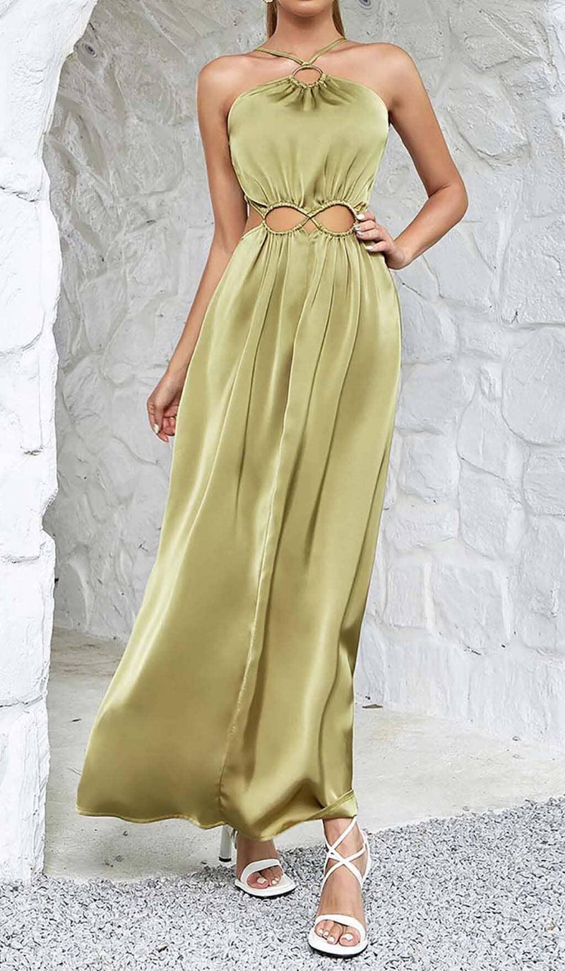 WAIST CUTOUT SATIN MAXI DRESS IN OLIVE