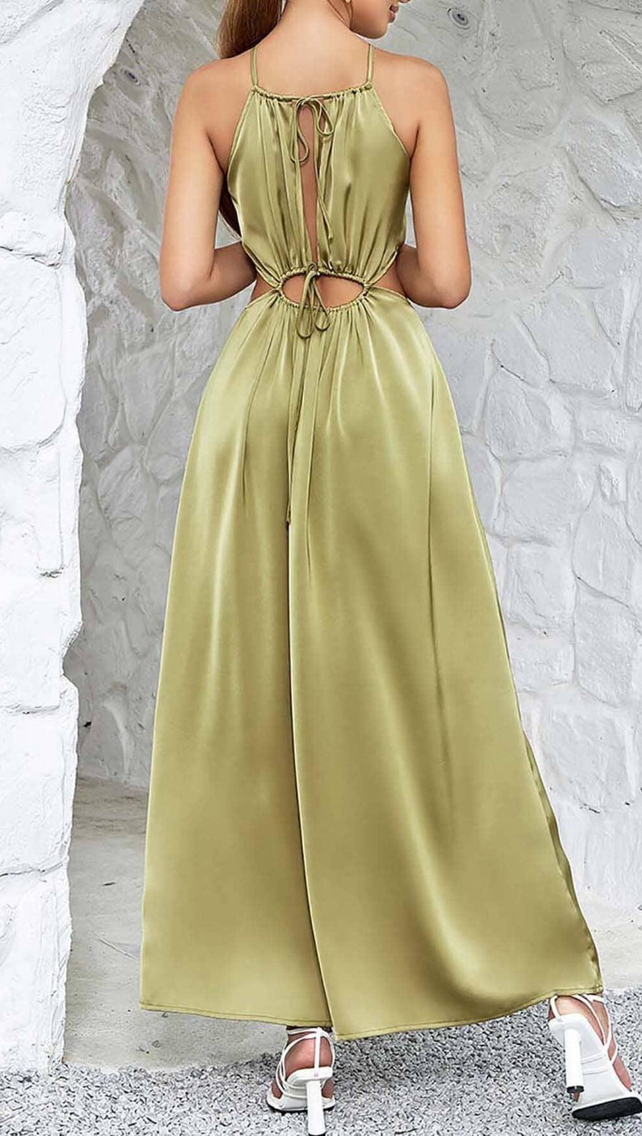WAIST CUTOUT SATIN MAXI DRESS IN OLIVE