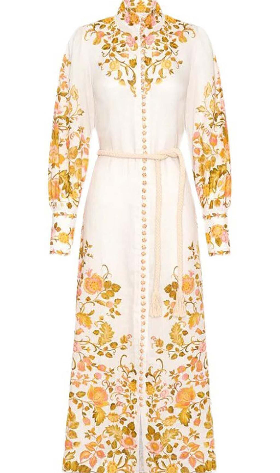 MIDIKLEID MIT BLUMENPRINT UND SEILGÜRTEL IN ELFENBEIN