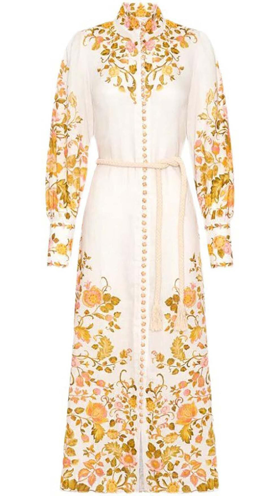 FLORAL-PRINT ROPE BELT MIDI DRESS IN IVORY