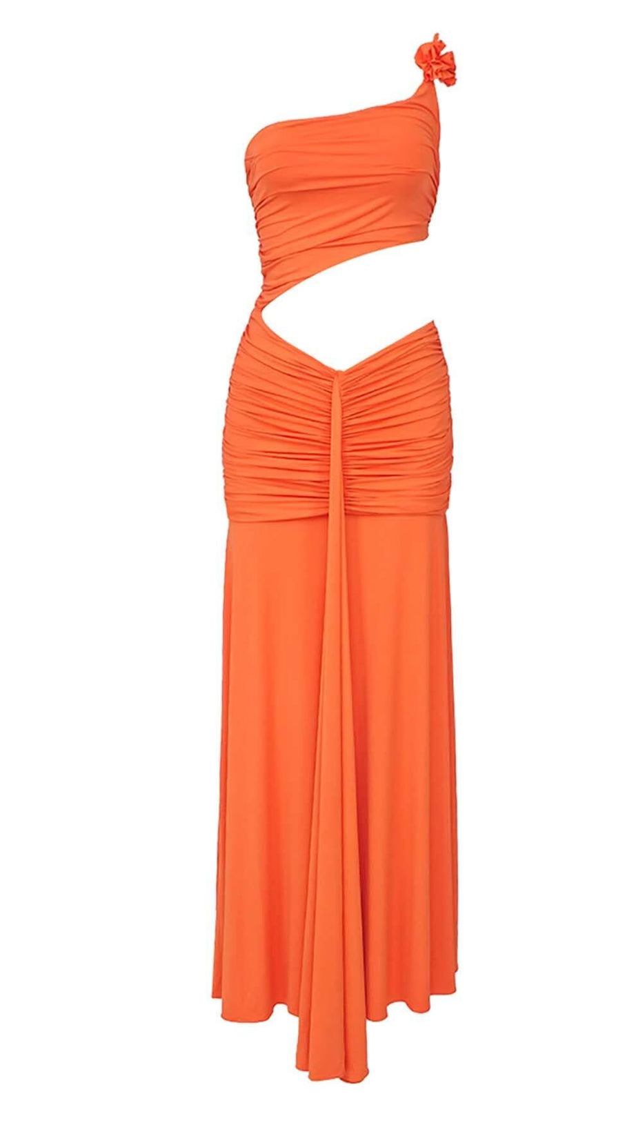 ASYMMETRIC RUCHED JERSEY MAXI DRESS IN ORANGE