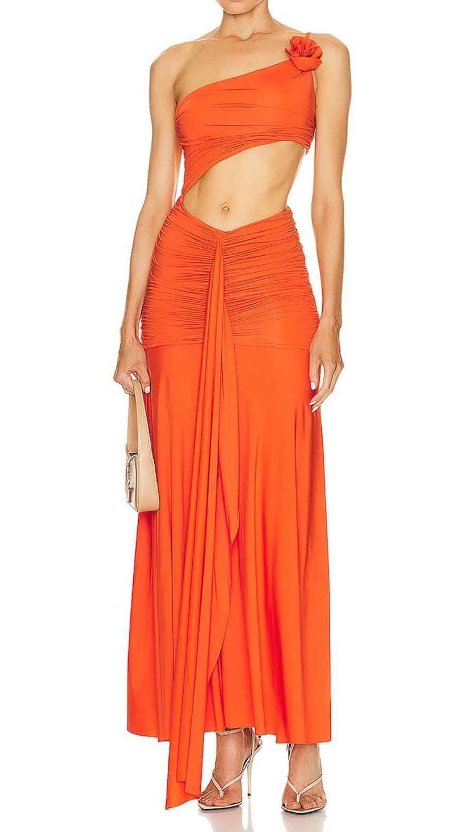ASYMMETRIC RUCHED JERSEY MAXI DRESS IN ORANGE