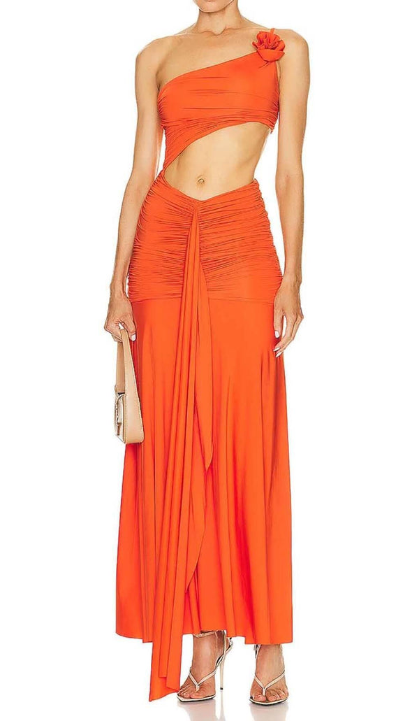 ASYMMETRIC RUCHED JERSEY MAXI DRESS IN ORANGE