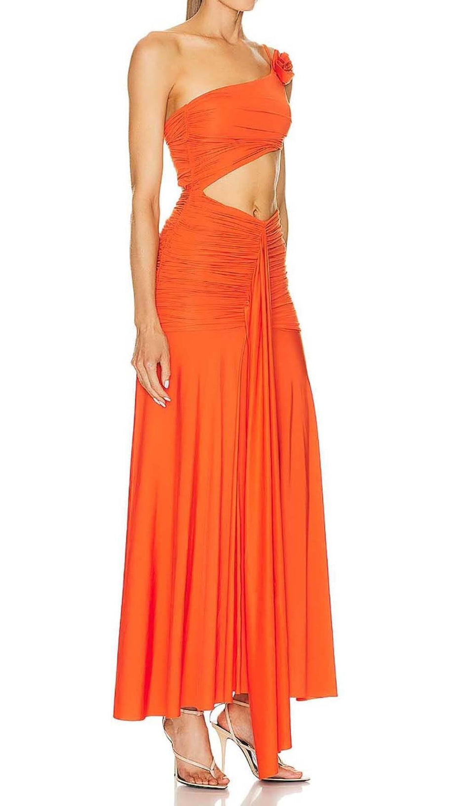 ASYMMETRIC RUCHED JERSEY MAXI DRESS IN ORANGE