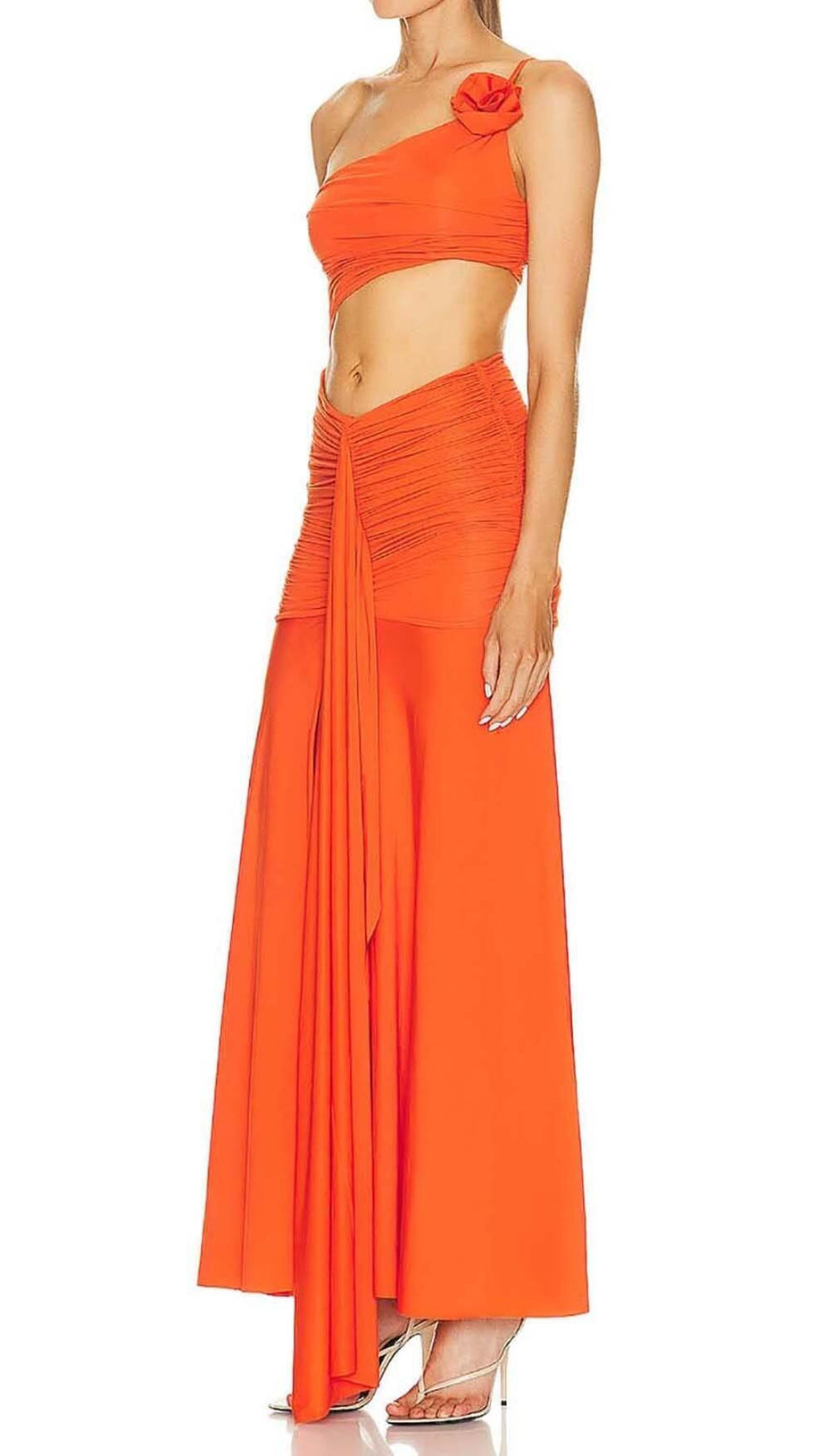 ASYMMETRIC RUCHED JERSEY MAXI DRESS IN ORANGE