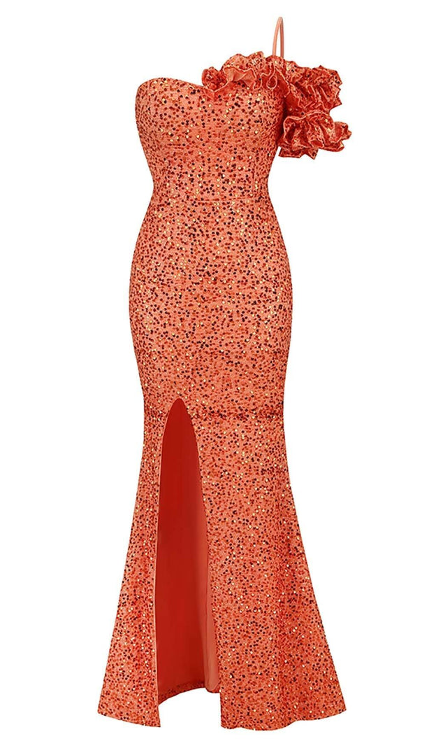 AIIZIE ASYMMETRIC SEQUIN MAXI DRESS IN ORANGE - product image