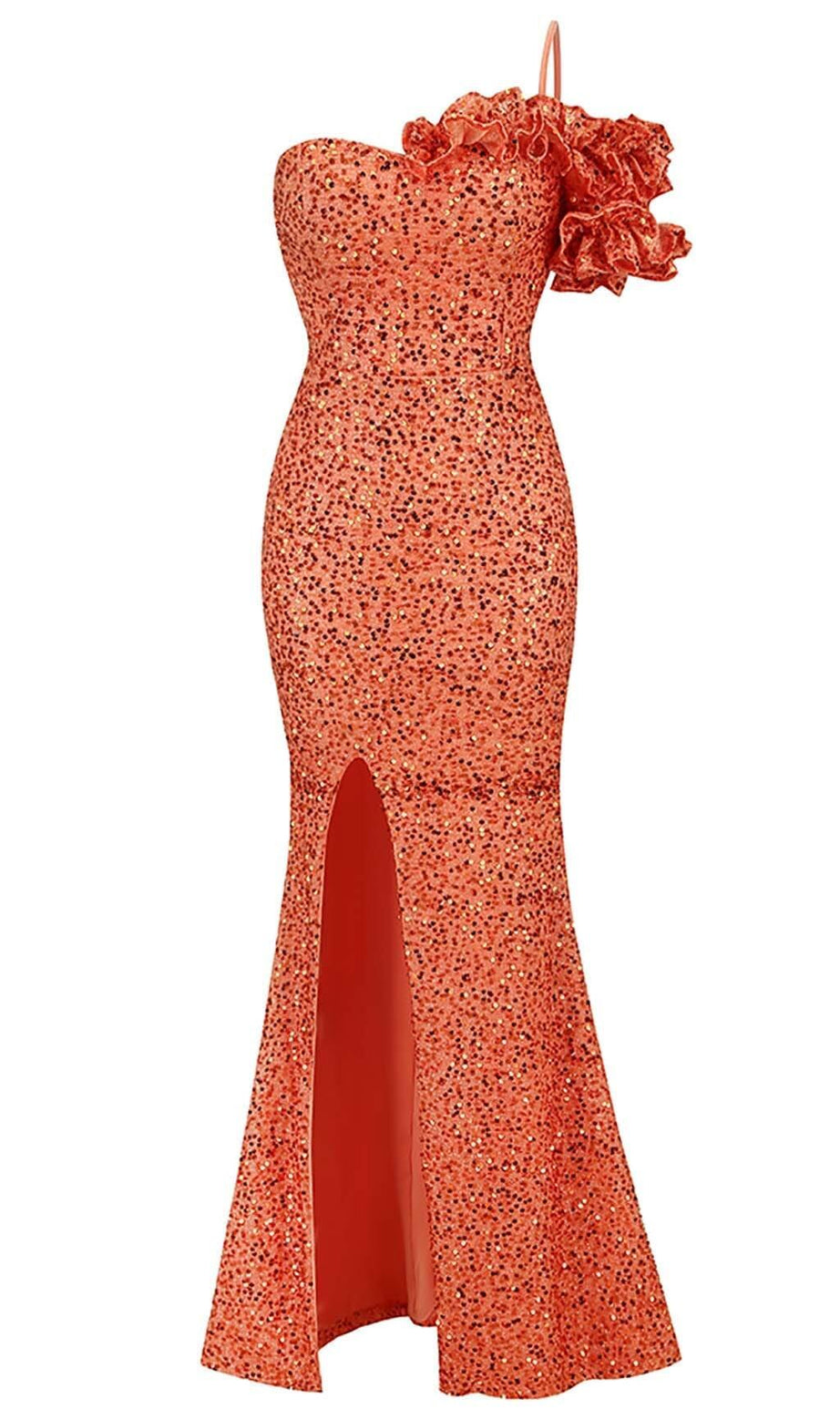 ASYMMETRIC SEQUIN MAXI DRESS IN ORANGE