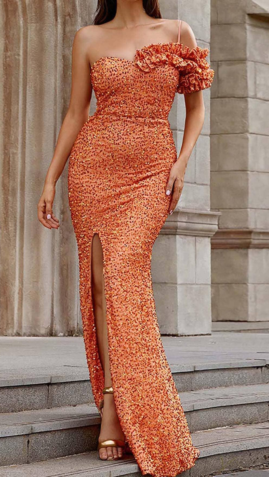 ASYMMETRIC SEQUIN MAXI DRESS IN ORANGE