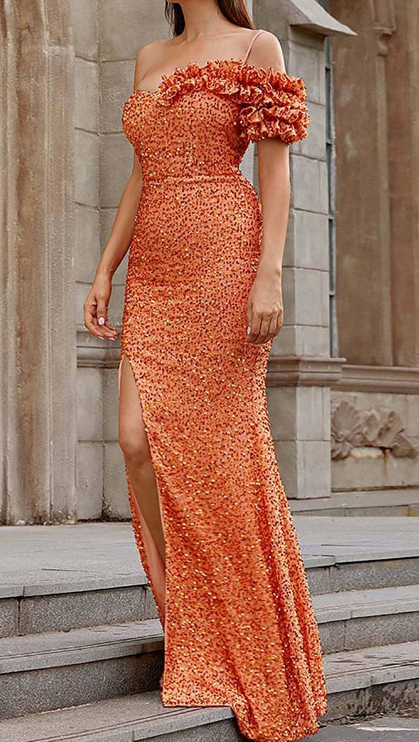 AIIZIE ASYMMETRIC SEQUIN MAXI DRESS IN ORANGE - product image