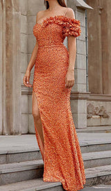 ASYMMETRIC SEQUIN MAXI DRESS IN ORANGE