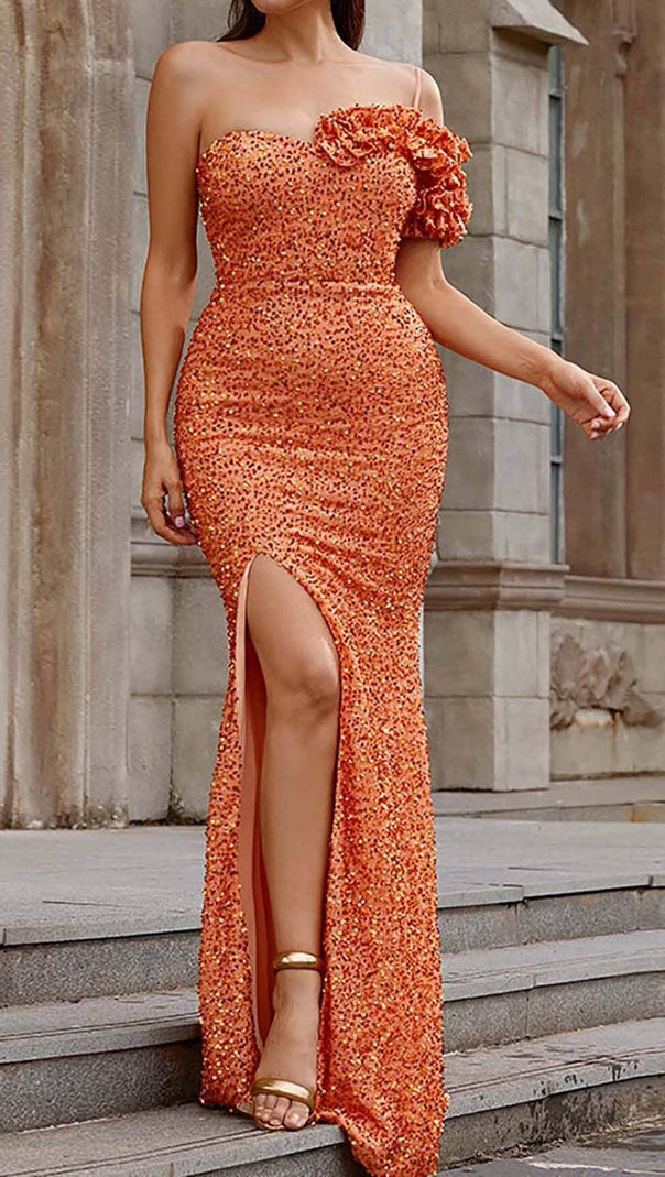 AIIZIE ASYMMETRIC SEQUIN MAXI DRESS IN ORANGE - product image