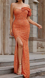 ASYMMETRIC SEQUIN MAXI DRESS IN ORANGE