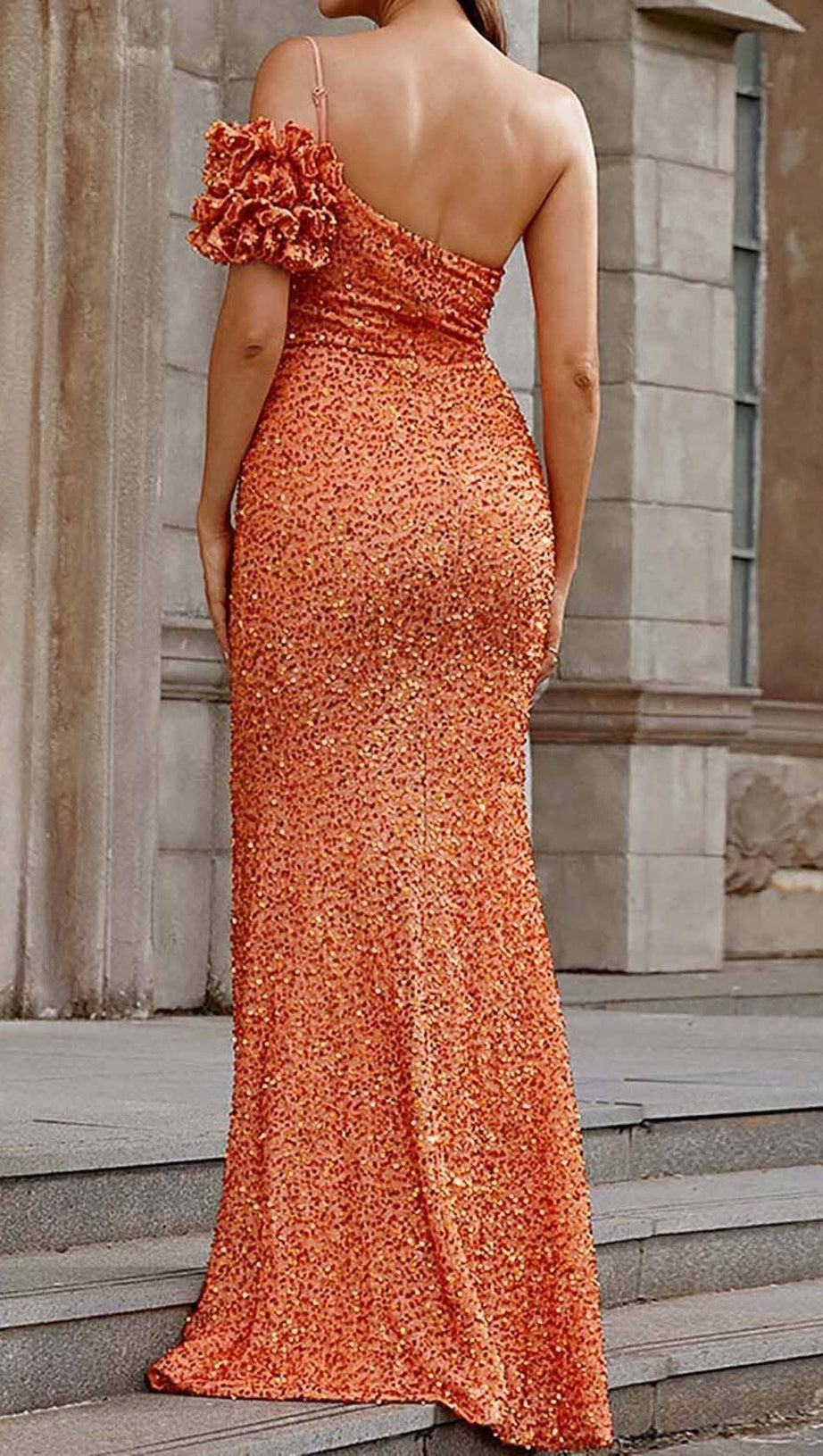 ASYMMETRIC SEQUIN MAXI DRESS IN ORANGE