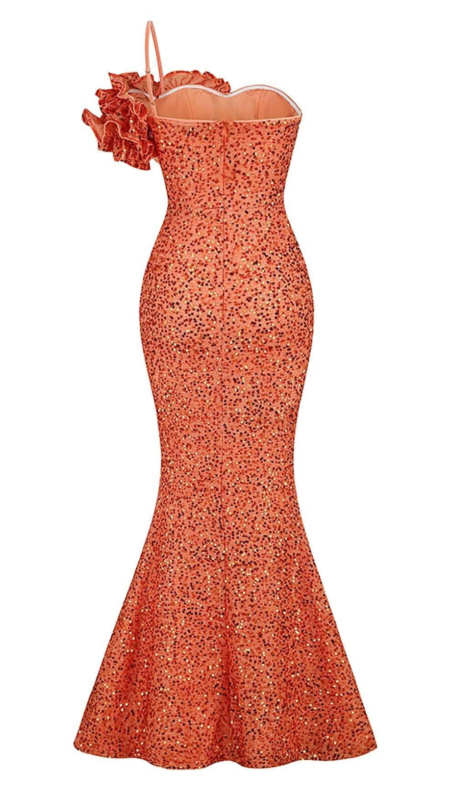 ASYMMETRIC SEQUIN MAXI DRESS IN ORANGE