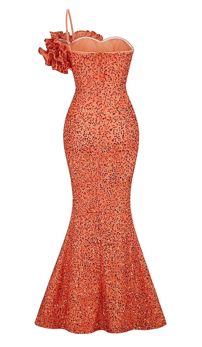 ASYMMETRIC SEQUIN MAXI DRESS IN ORANGE