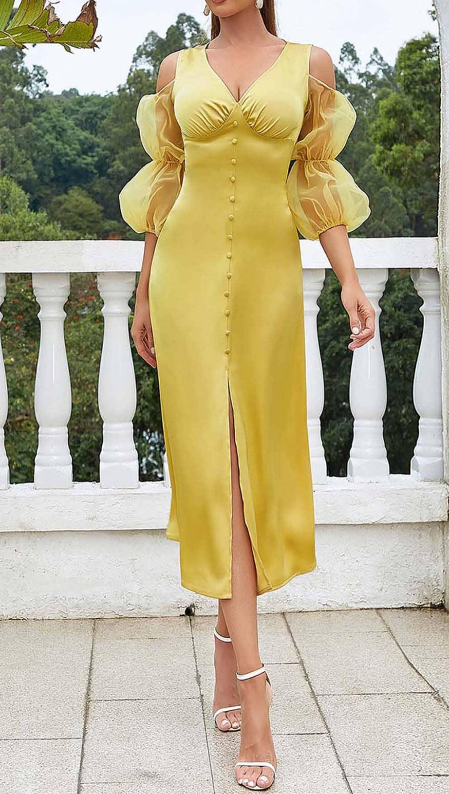 BUTTON FRONT SPLIT THIGH MIDI DRESS IN YELLOW