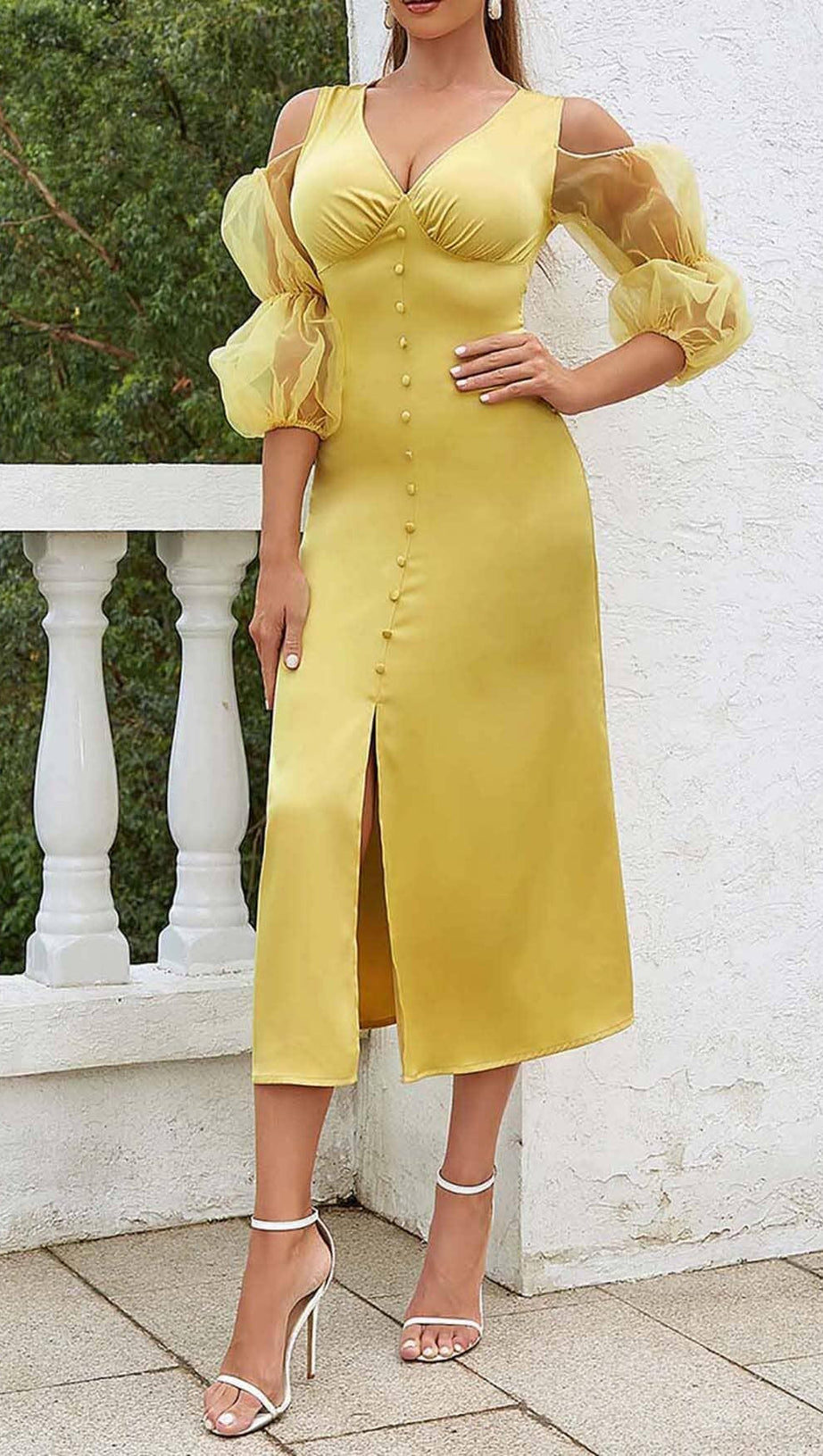 BUTTON FRONT SPLIT THIGH MIDI DRESS IN YELLOW