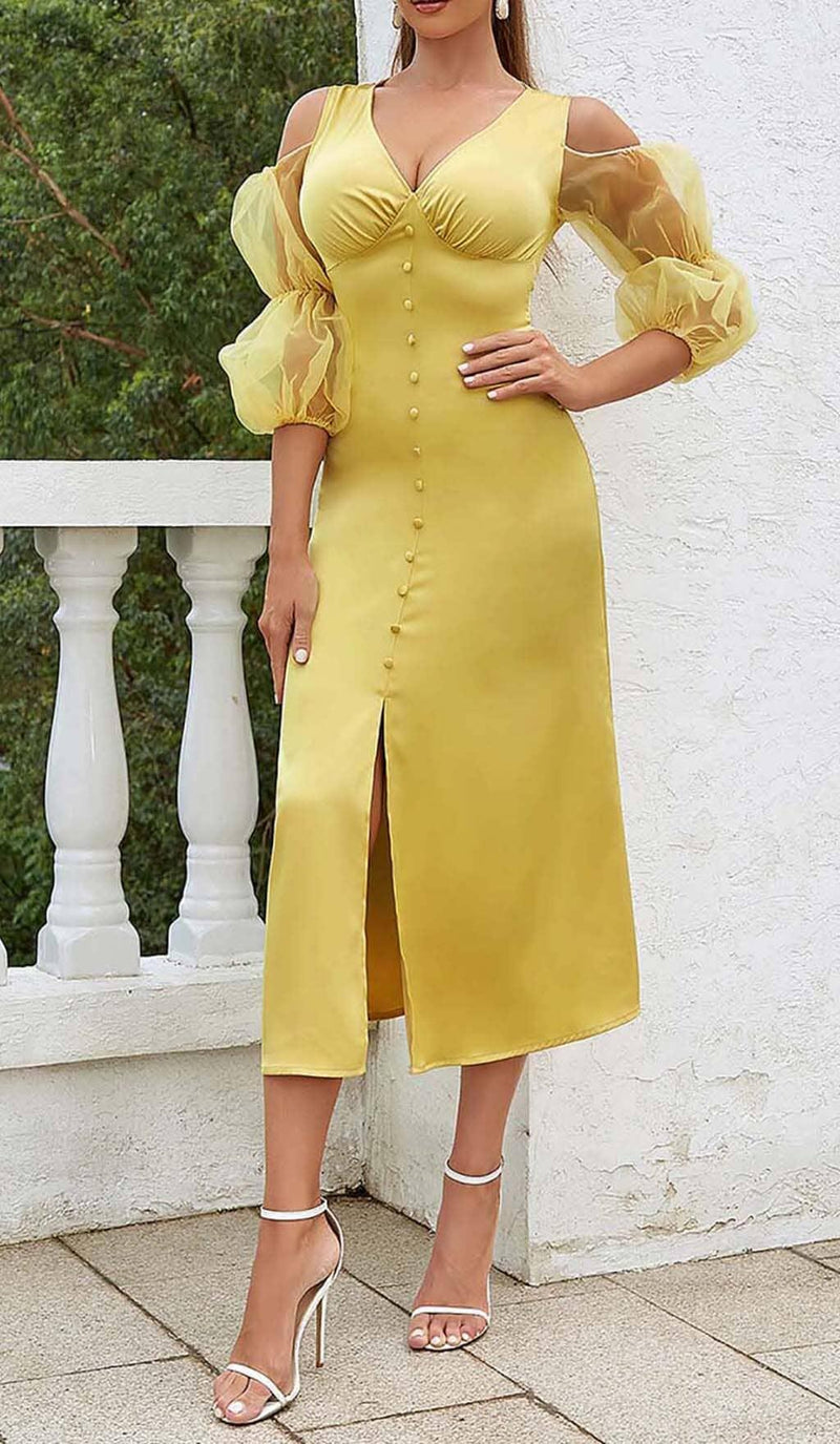 BUTTON FRONT SPLIT THIGH MIDI DRESS IN YELLOW