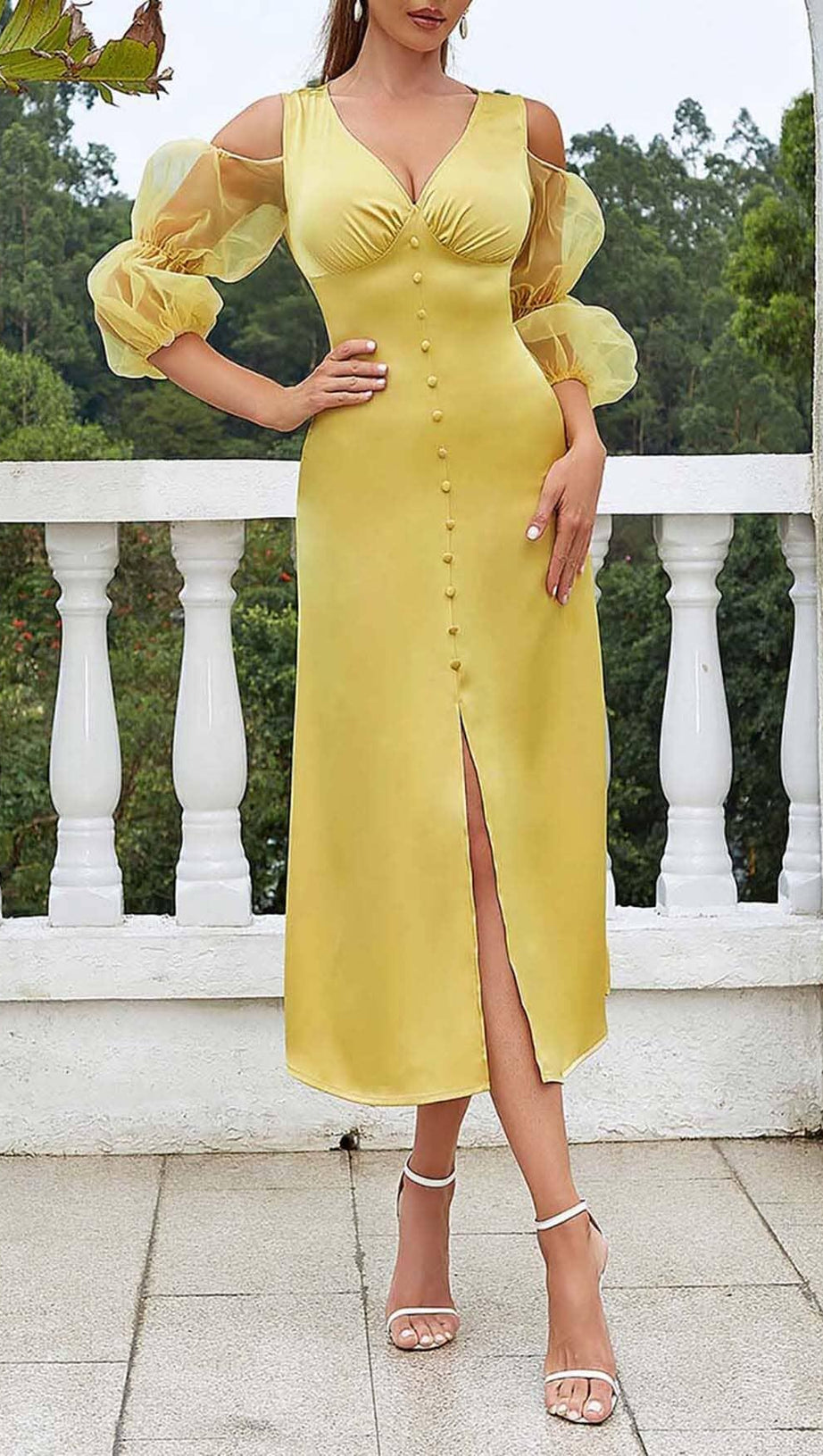 BUTTON FRONT SPLIT THIGH MIDI DRESS IN YELLOW