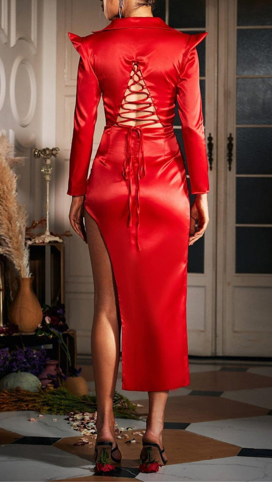CORSET PLUNGE JACKET DRESS IN RED