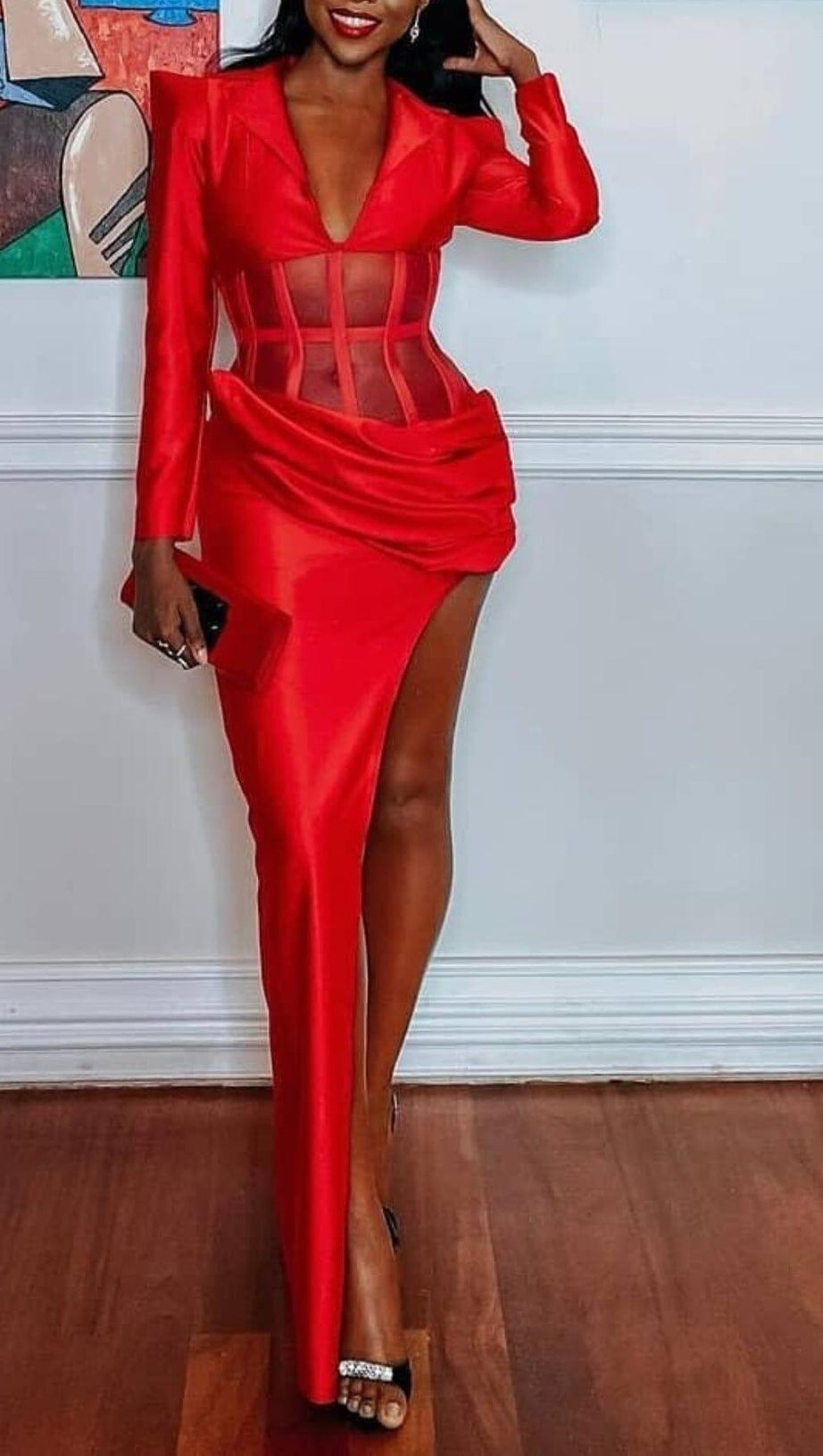 CORSET PLUNGE JACKET DRESS IN RED