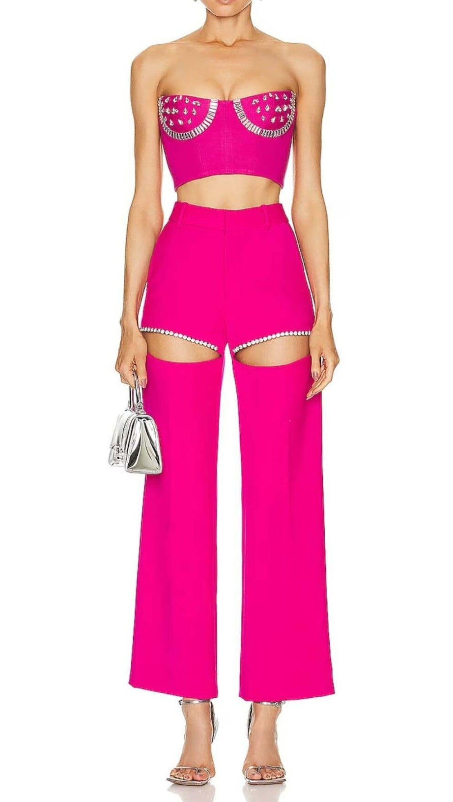 CRYSTAL STITCHED CUTOUT TWO PIECE SET IN PINK