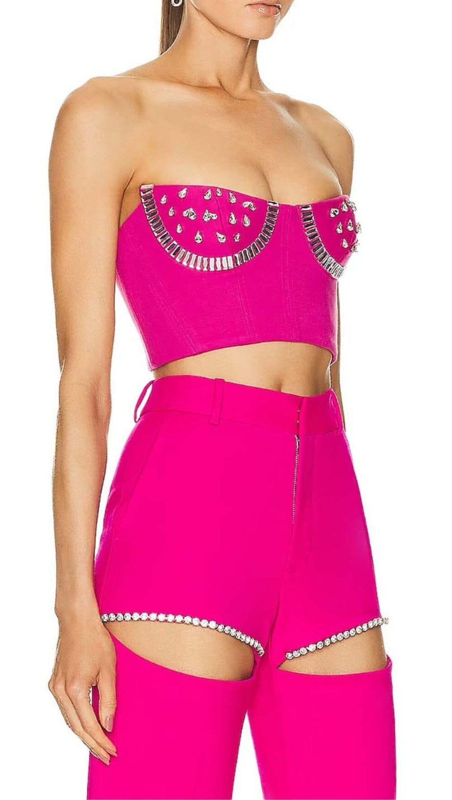CRYSTAL STITCHED CUTOUT TWO PIECE SET IN PINK