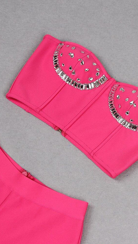 CRYSTAL STITCHED CUTOUT TWO PIECE SET IN PINK