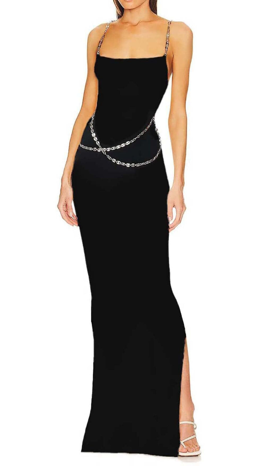 ABITO LUNGO CON FASCE E SPALLINE DI CRISTALLI NERO