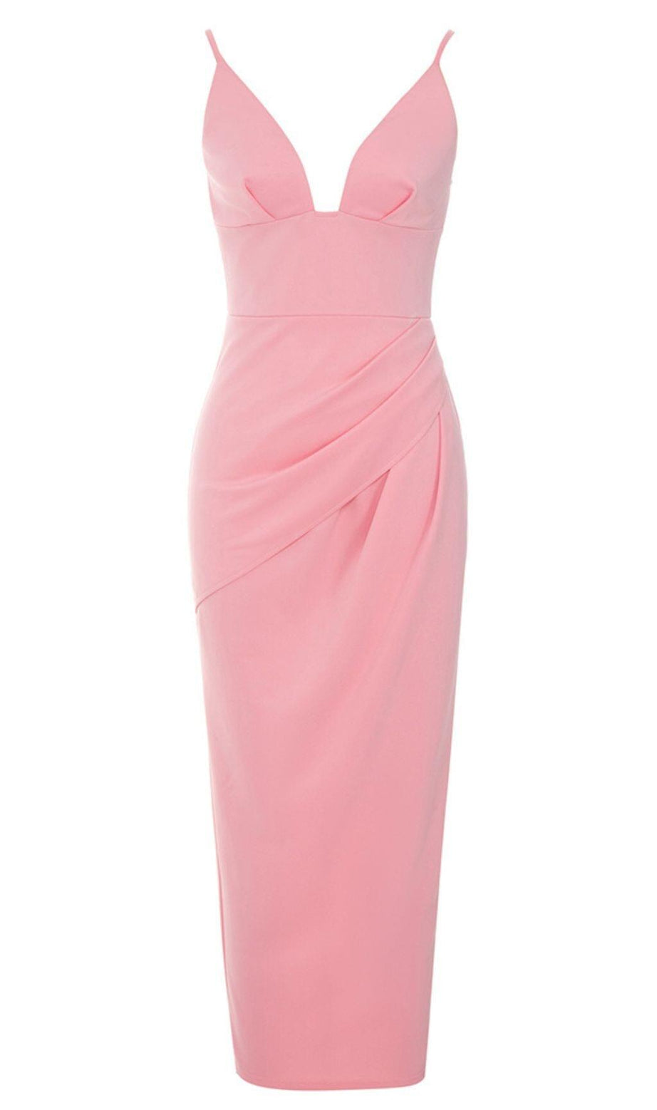 ABITO MIDI IN RASO CON SPALLINE E SPACCHI ROSA