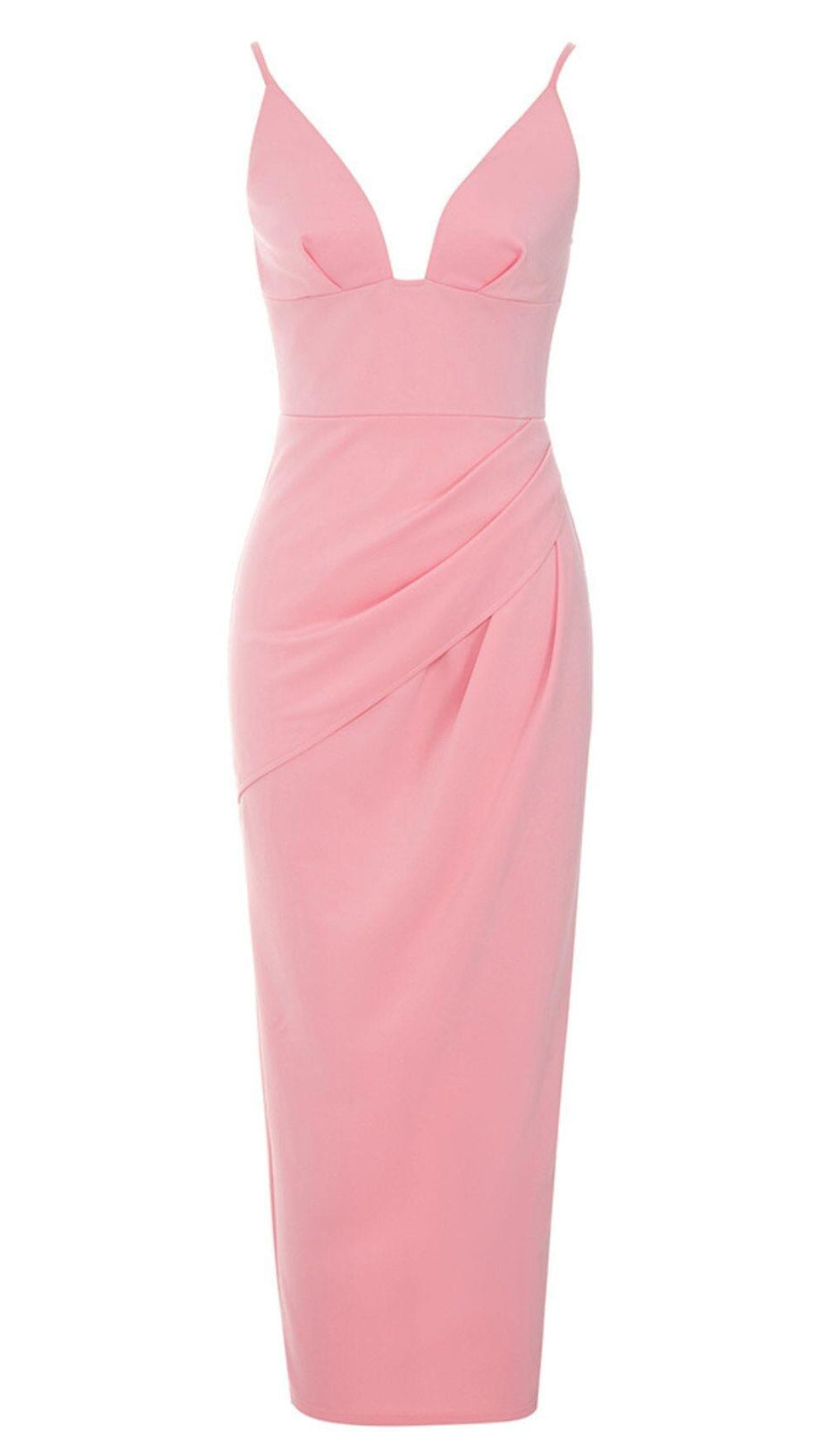 SATIN STRAPY SPLIT MIDI DRESS IN PINK