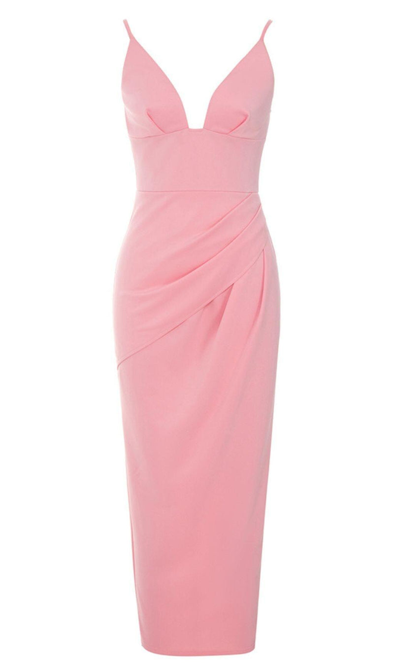 SATIN STRAPY SPLIT MIDI DRESS IN PINK