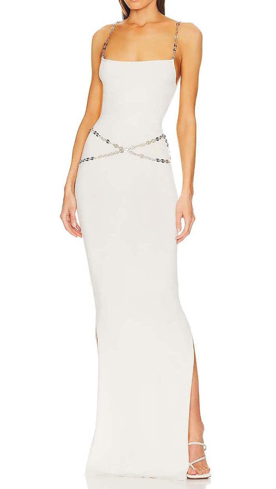 BANDAGE-MAXIKLEID MIT KRISTALLRIEMEN IN WEISS