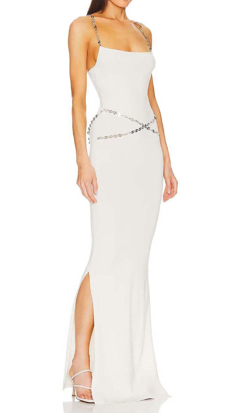 CRYSTAL STRAPPY BANDAGE MAXI DRESS IN WHITE