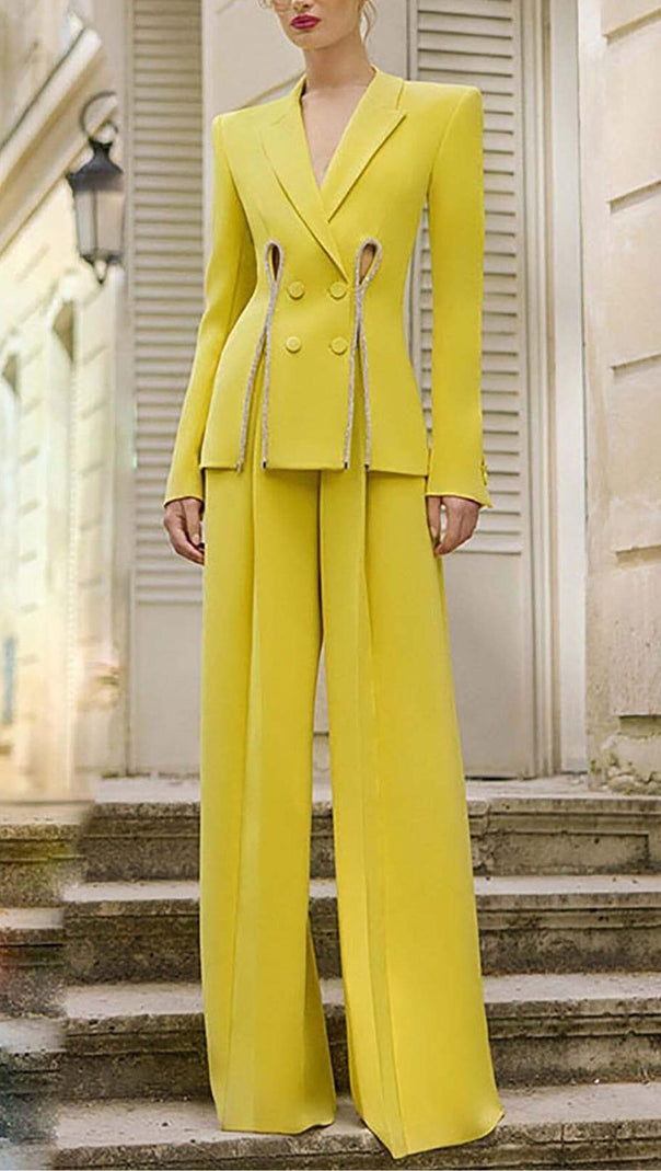 AIIZIE CRYSTAL TRIM CUTOUT JACKET SUIT IN YELLOW - product image