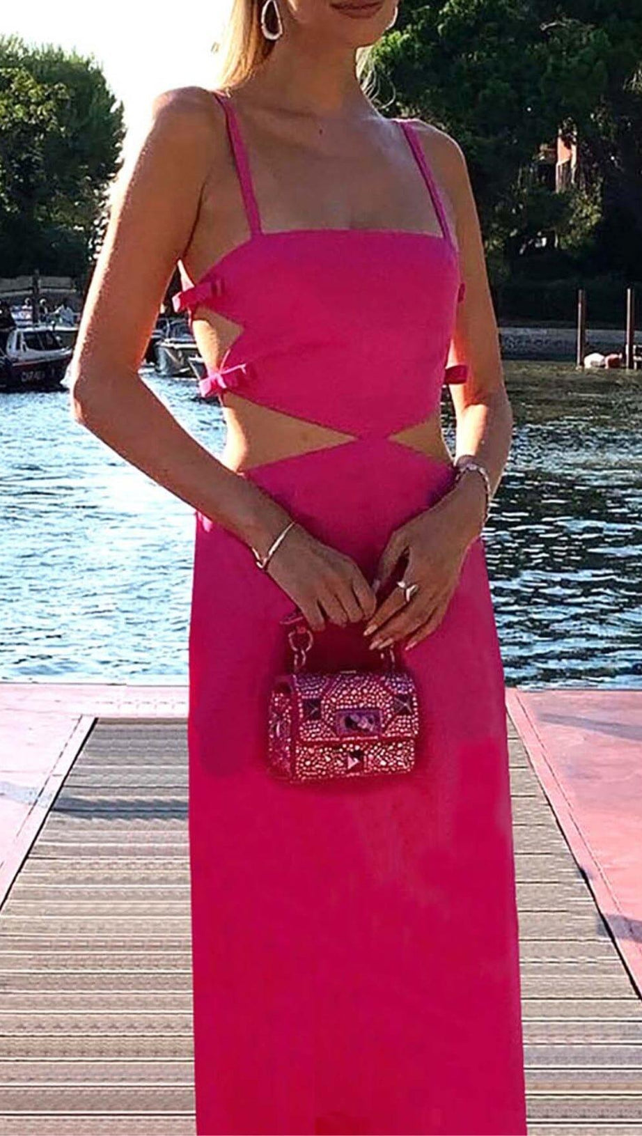 CUT-OUT STRAPPY MIDI DRESS IN PINK