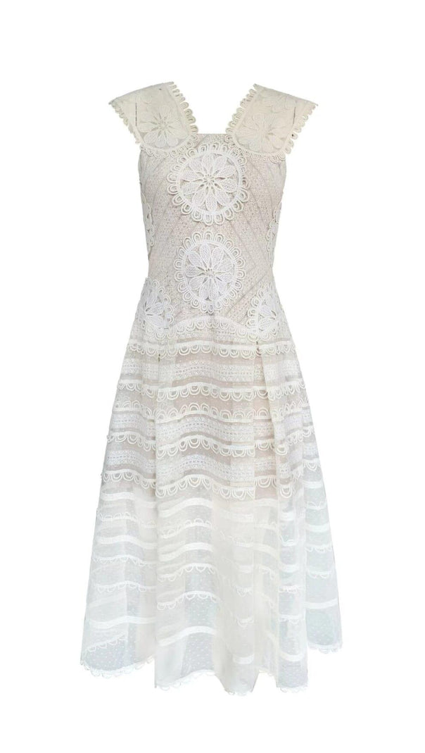 AIIZIE EMBROIDERY TIERED MIDI DRESS IN IVORY WHITE - product image