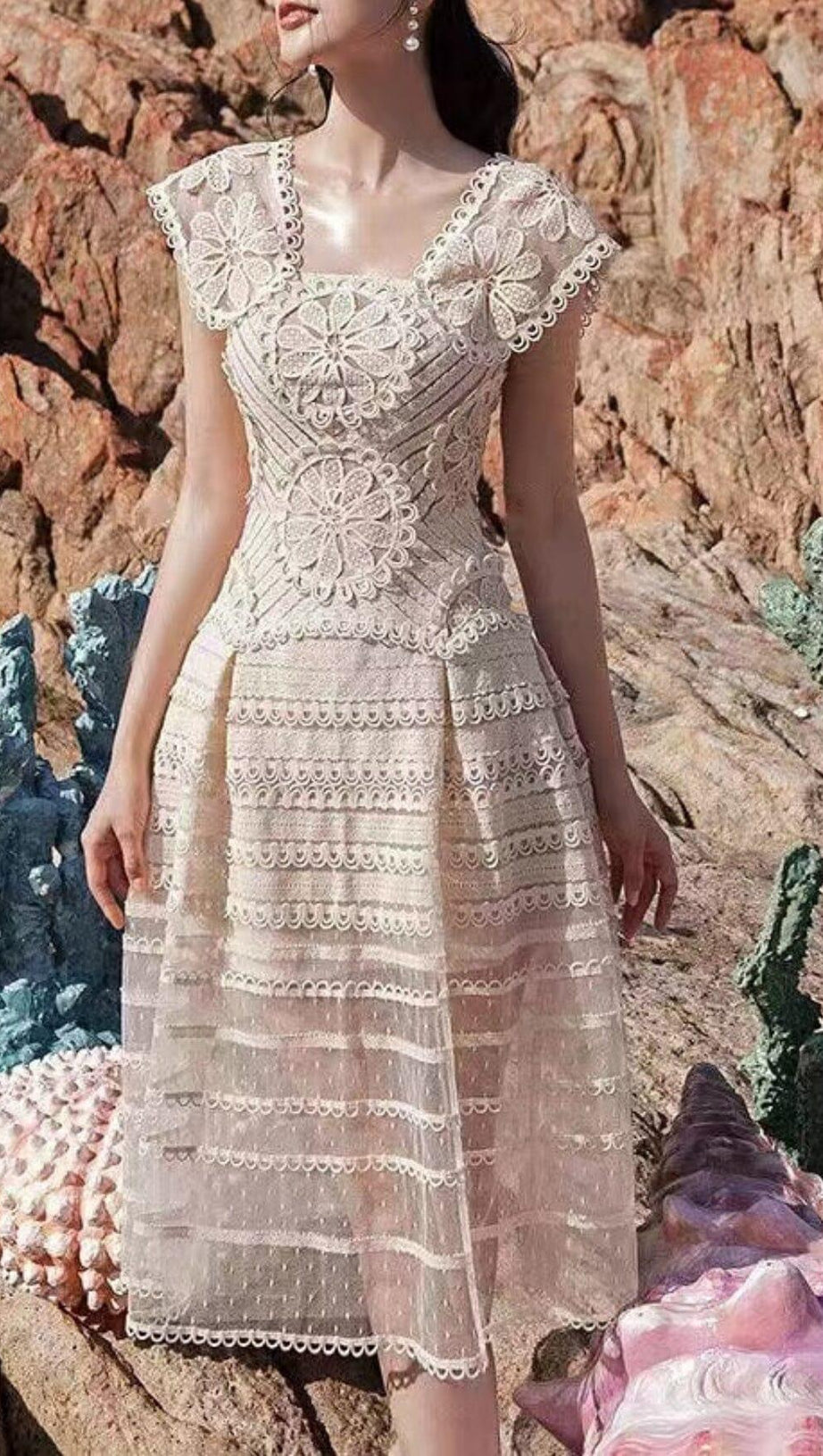 EMBROIDERY TIERED MIDI DRESS IN IVORY WHITE