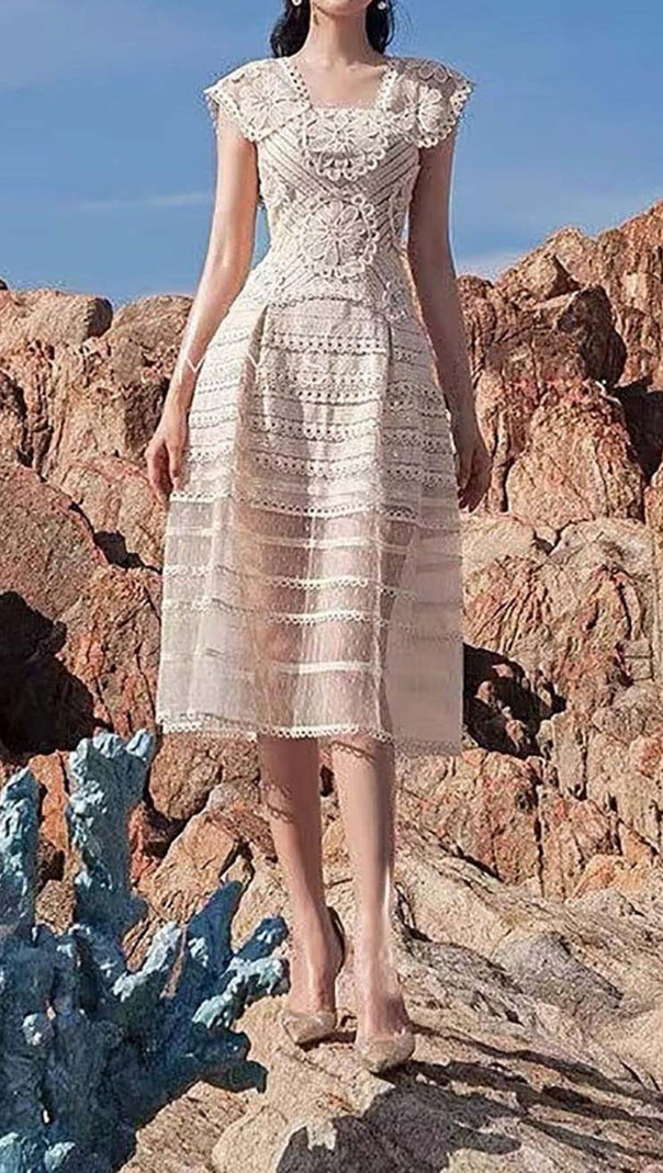 AIIZIE EMBROIDERY TIERED MIDI DRESS IN IVORY WHITE - product image