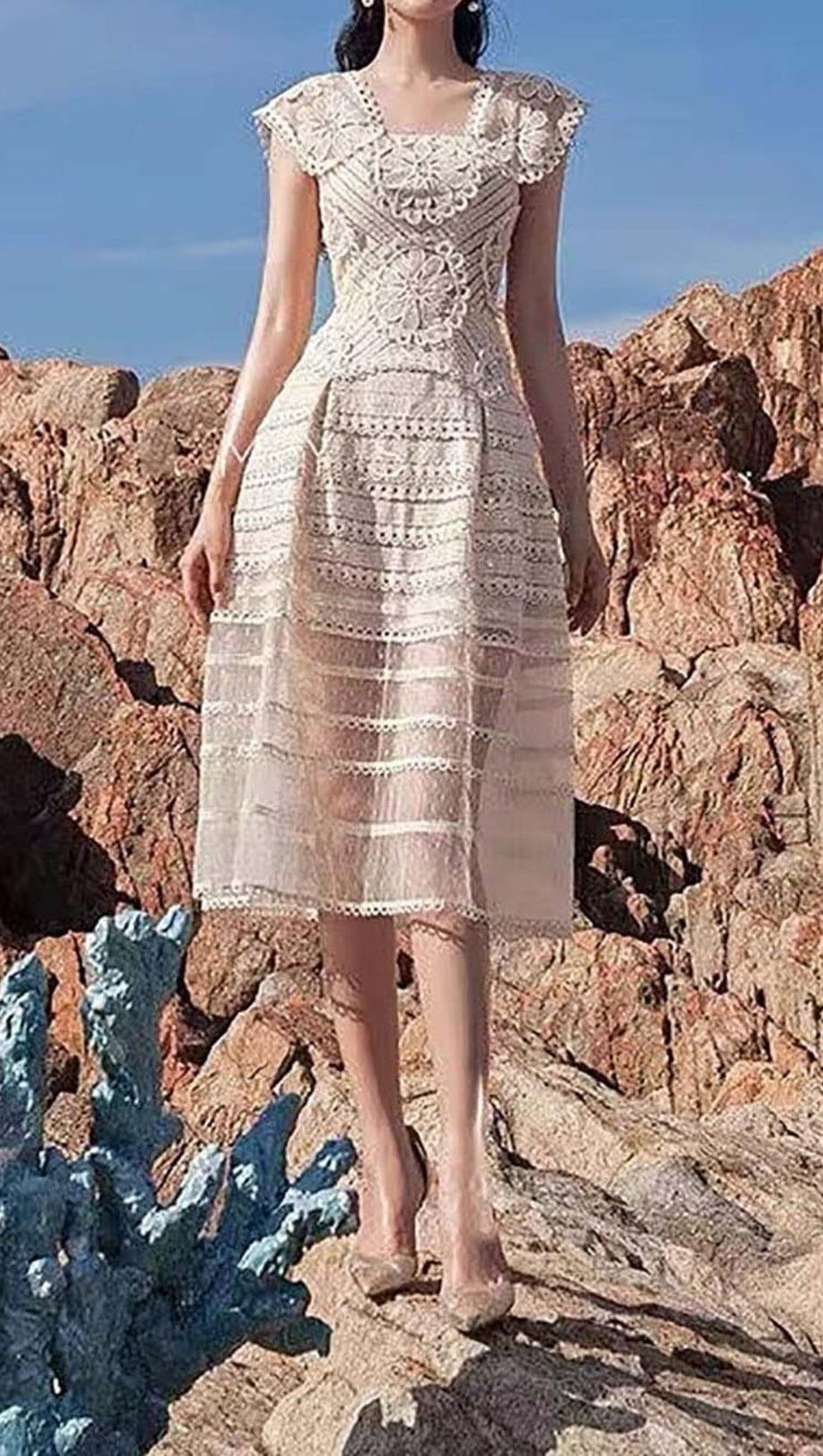 EMBROIDERY TIERED MIDI DRESS IN IVORY WHITE