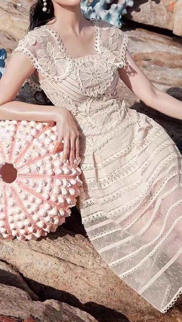 AIIZIE EMBROIDERY TIERED MIDI DRESS IN IVORY WHITE - product image