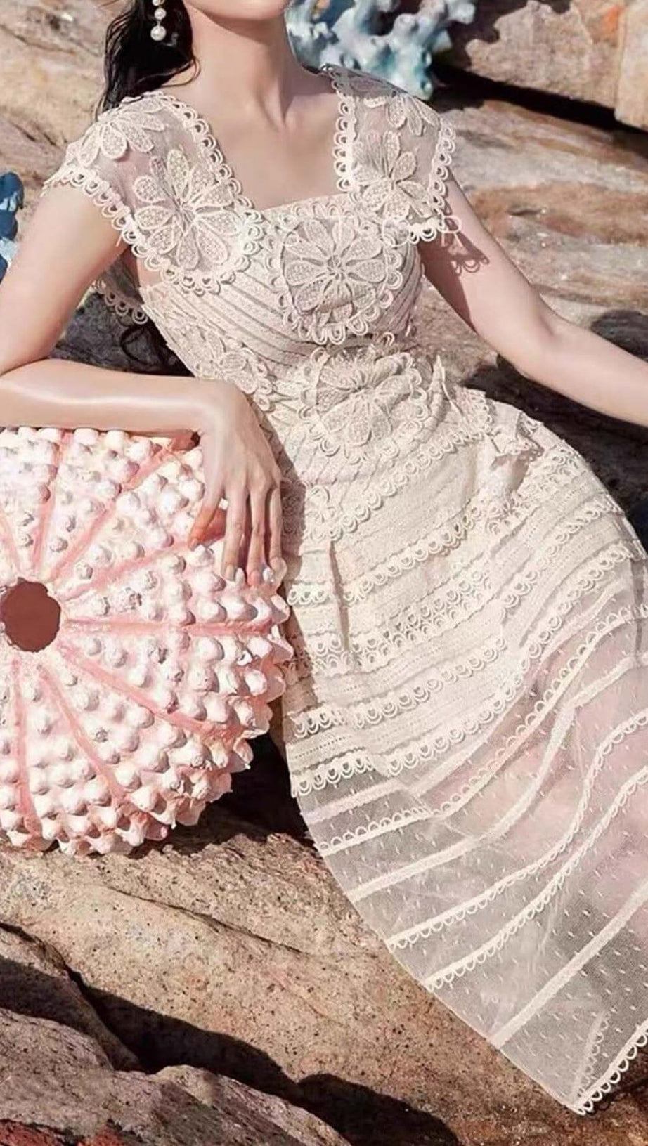 EMBROIDERY TIERED MIDI DRESS IN IVORY WHITE