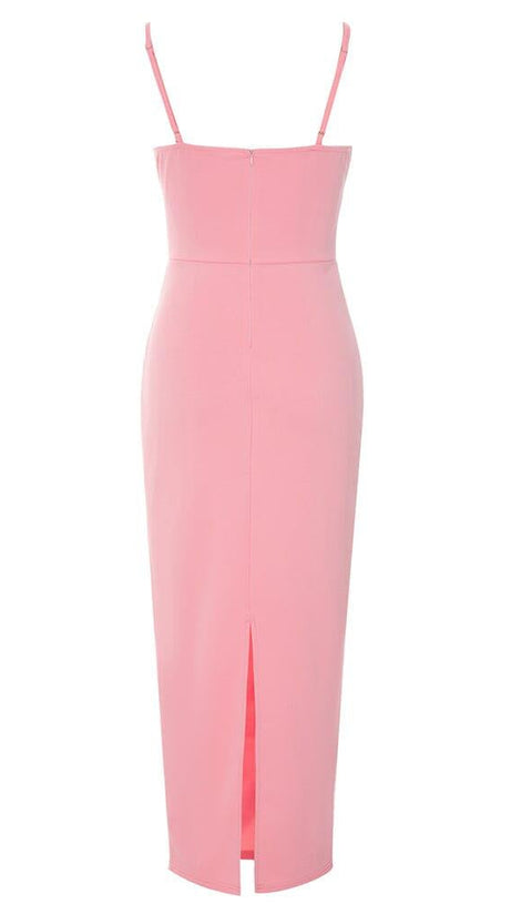 ABITO MIDI IN RASO CON SPALLINE E SPACCHI ROSA